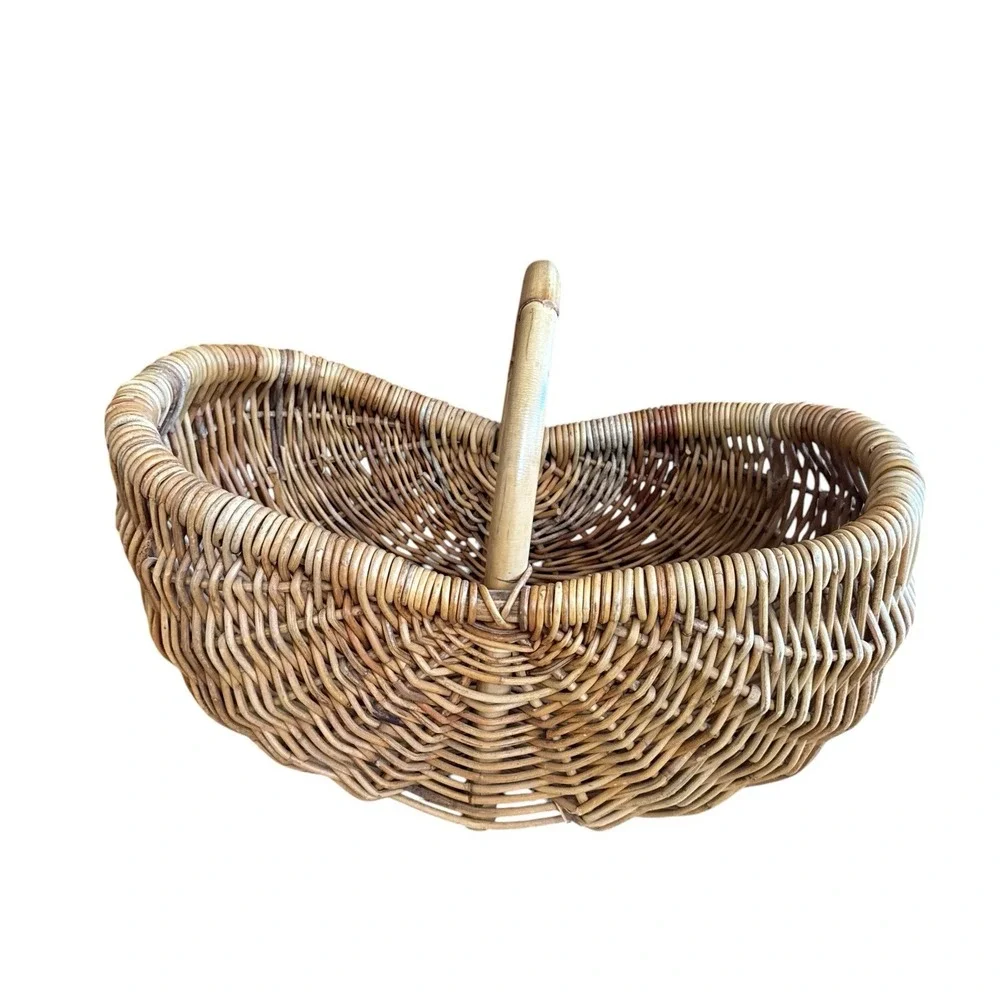 Vintage French Woven Gathering Basket 1960s Bamboo Handle Cottagecore 20